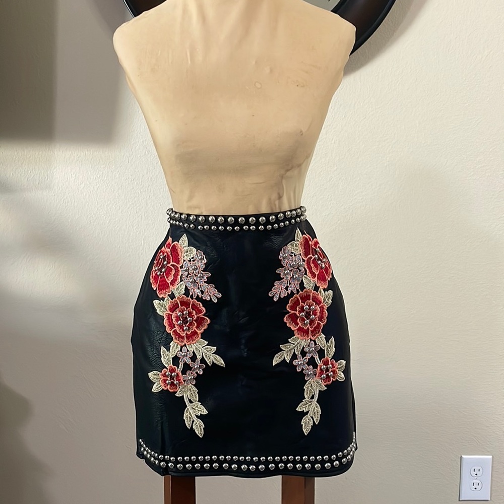 Leather Skirt Beaded and Embroidered with flowers